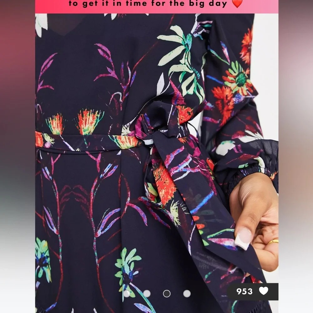 ASOS Hope & Ivy long sleeve tie waist maxi dress in navy floral US 12 - Picture 3 of 7